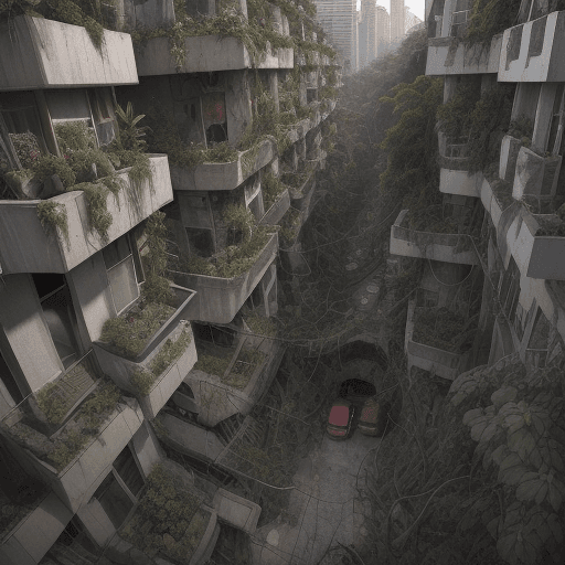 AI generated: a dark, full of concrete town is covered by vegetation. The roots of trees and plants crack and brea...