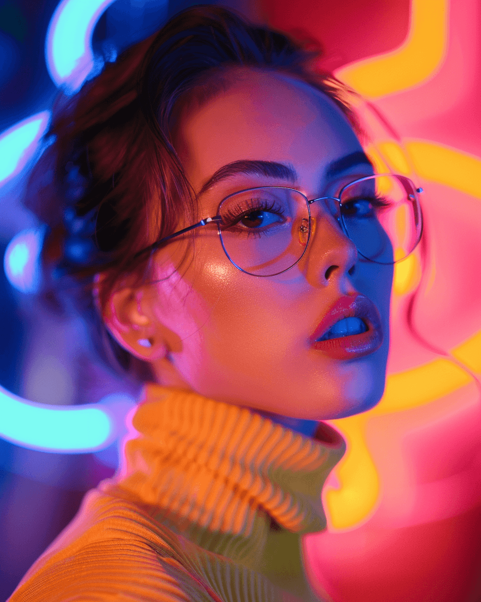 AI generated: closeup of an attractive woman wearing glasses, fashion photography, vibrant colors, soft lighting, ...