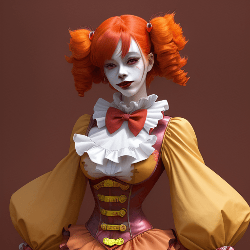 AI generated: a woman dressed as a clown with red hair, in the style of magical girl, colorful moebius, light yell...