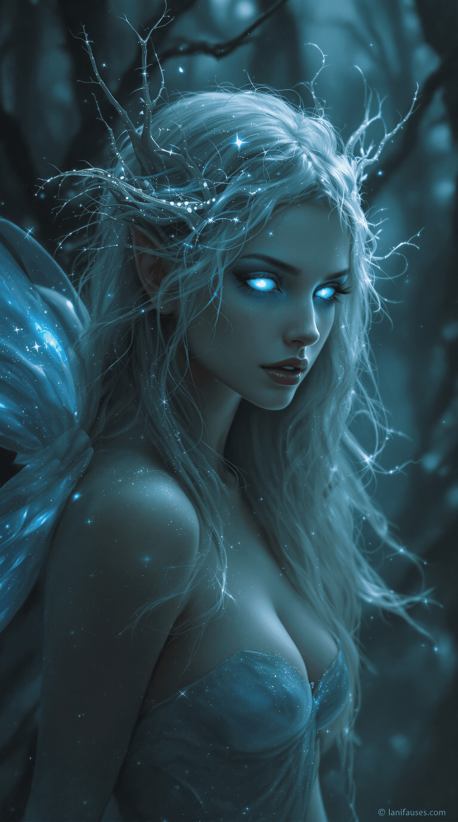 AI generated: In a misty, moonlit forest, a Beautiful elysian nymph emerges from the shadows, her ethereal beauty ...