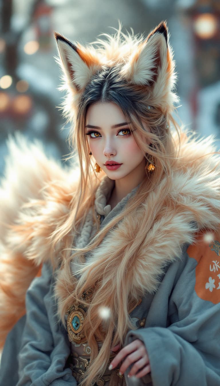 AI generated: fluffy nine-tailed fox girl by Wlop and Guweiz, Hyper-realistic, photography, real, professional, 8k...
