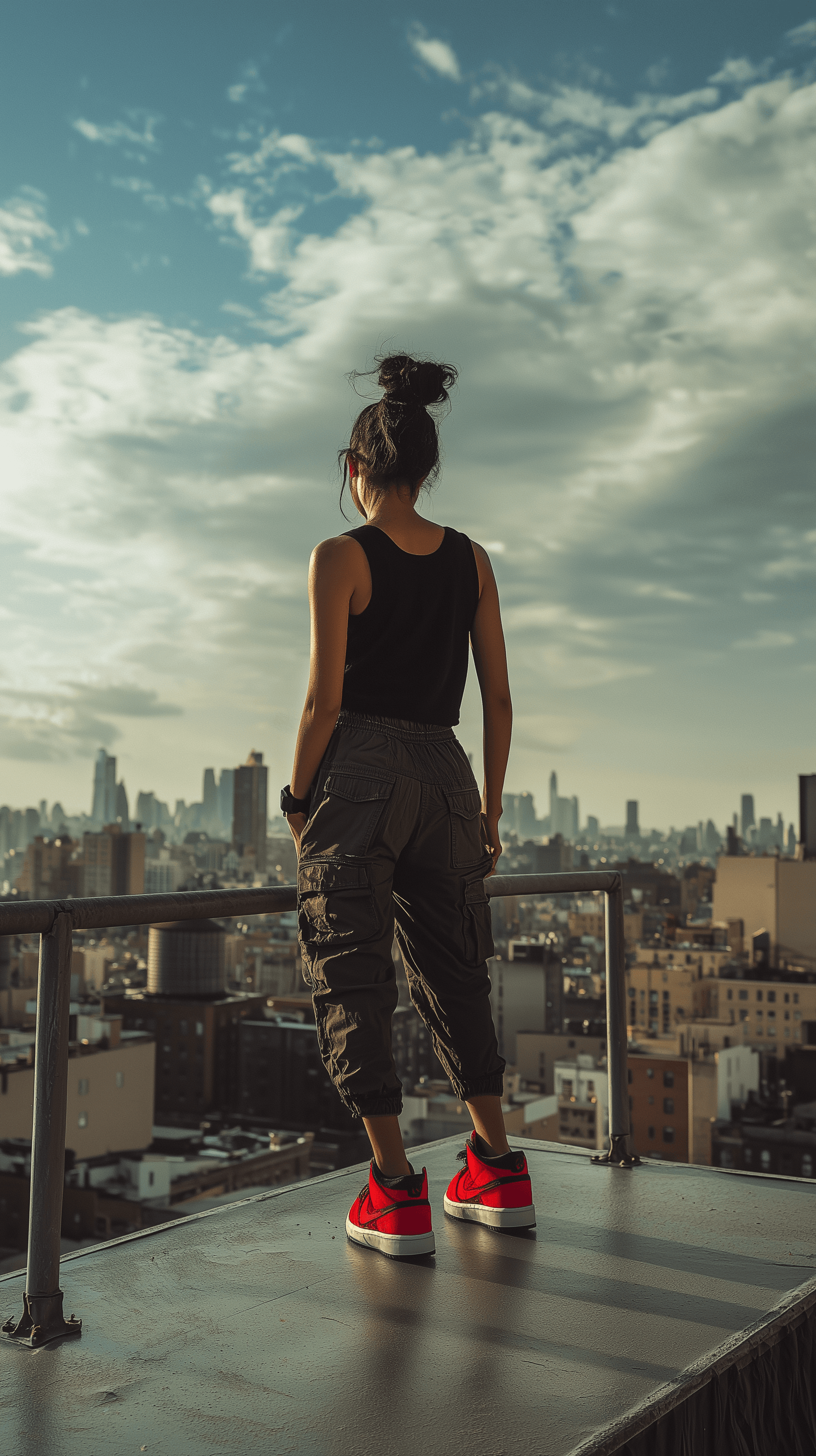 AI generated: photograph of a woman expressing freedom, rear view, full body, building rooftop at safety railing, ...
