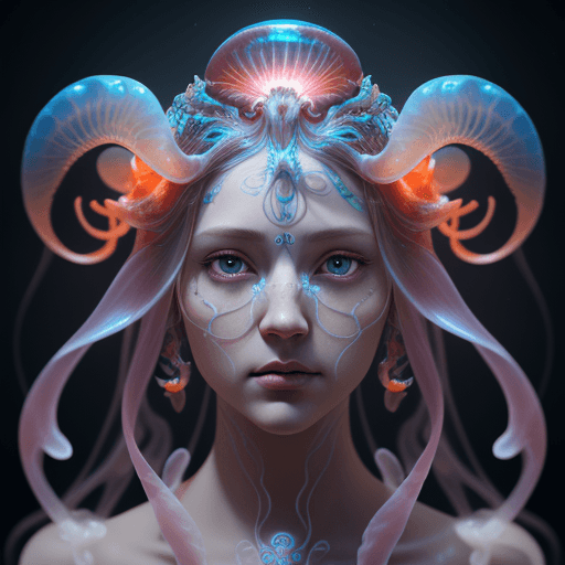 AI generated: Goddess close-up portrait ribcagel. jellyfish phoenix head, nautilus, orchid, skull, betta fish, bio...