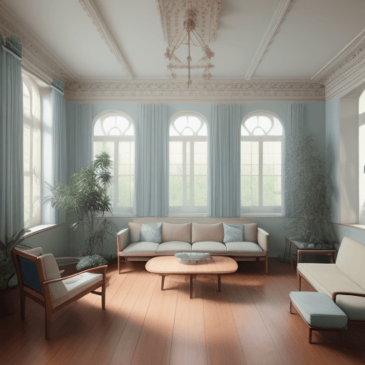 AI generated: High resolution photography interior design, dreamy sunken living room conversation pit, wooden floo...