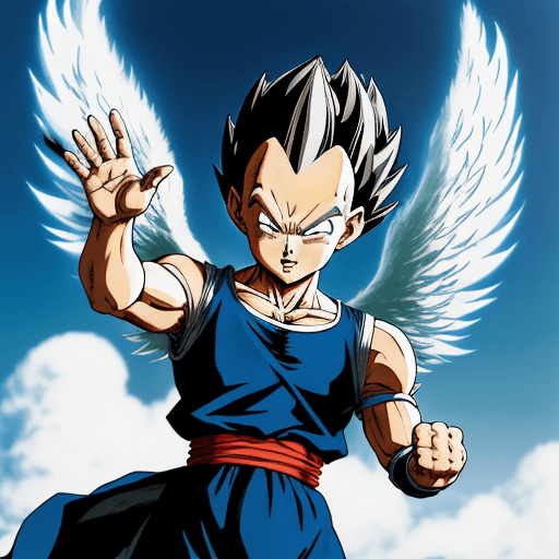 AI generated: Toriyama Akira's comic IP Vegeta, with white angel wings behind him and an angel ring on his head, w...