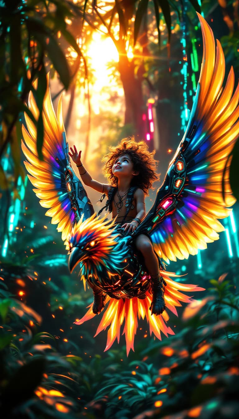 AI generated: A young, wild-haired adventurer wearing a futuristic tribal outfit rides a biomechanical phoenix wit...