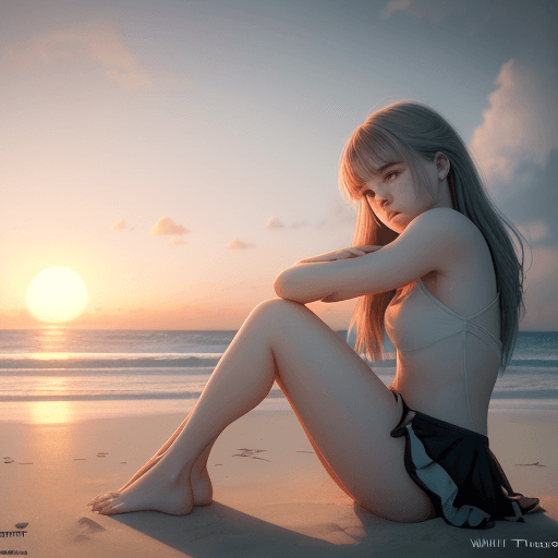 AI generated: Photo girl sitting sweet beachside ultra realistic screen, dramatic light, pale sunrise, cinematic l...
