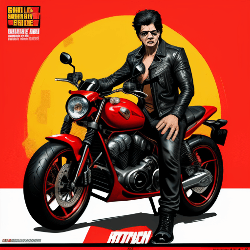 AI generated: Shah Rukh Khan sitting on a red motorcycle on a yellow background, style of gta v artworks, art gta ...
