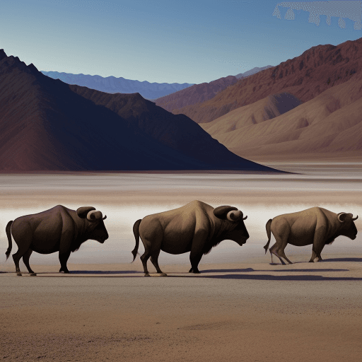 AI generated: indian hunting scene Hyper realistic eye level death valley for 20 head of bisons herd