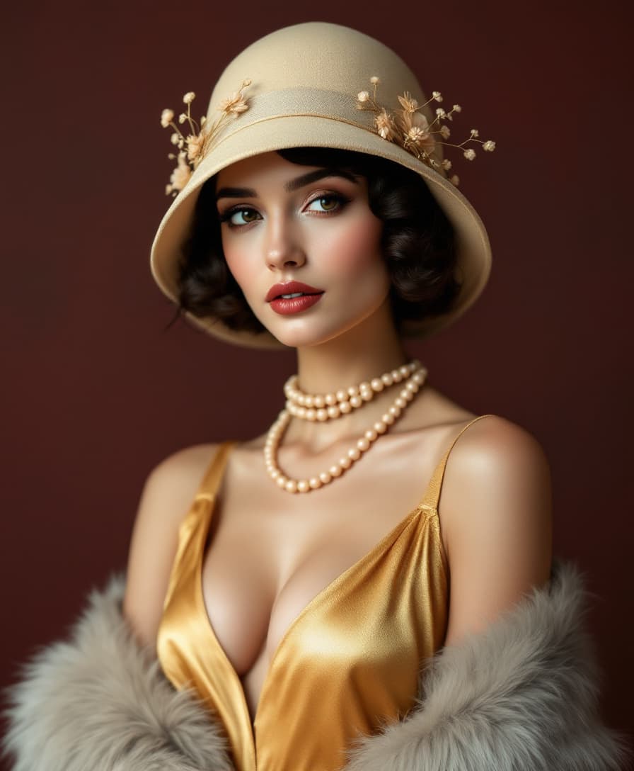 AI generated: Portrait of a woman, 1920s style,  with a  light-beige cloche hat and a  pale gray fur stole.  Europ...