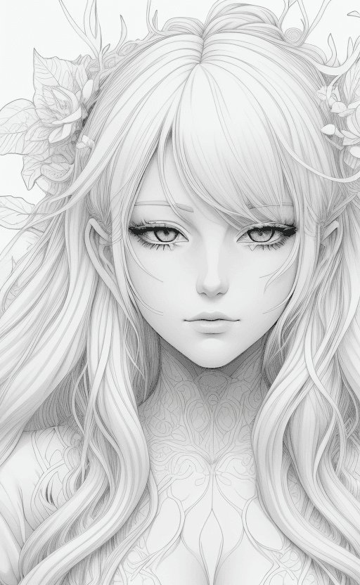 AI generated: coloring page Anime portrait clean line art, black pen line high detail,,wild dynamic white hair, wo...