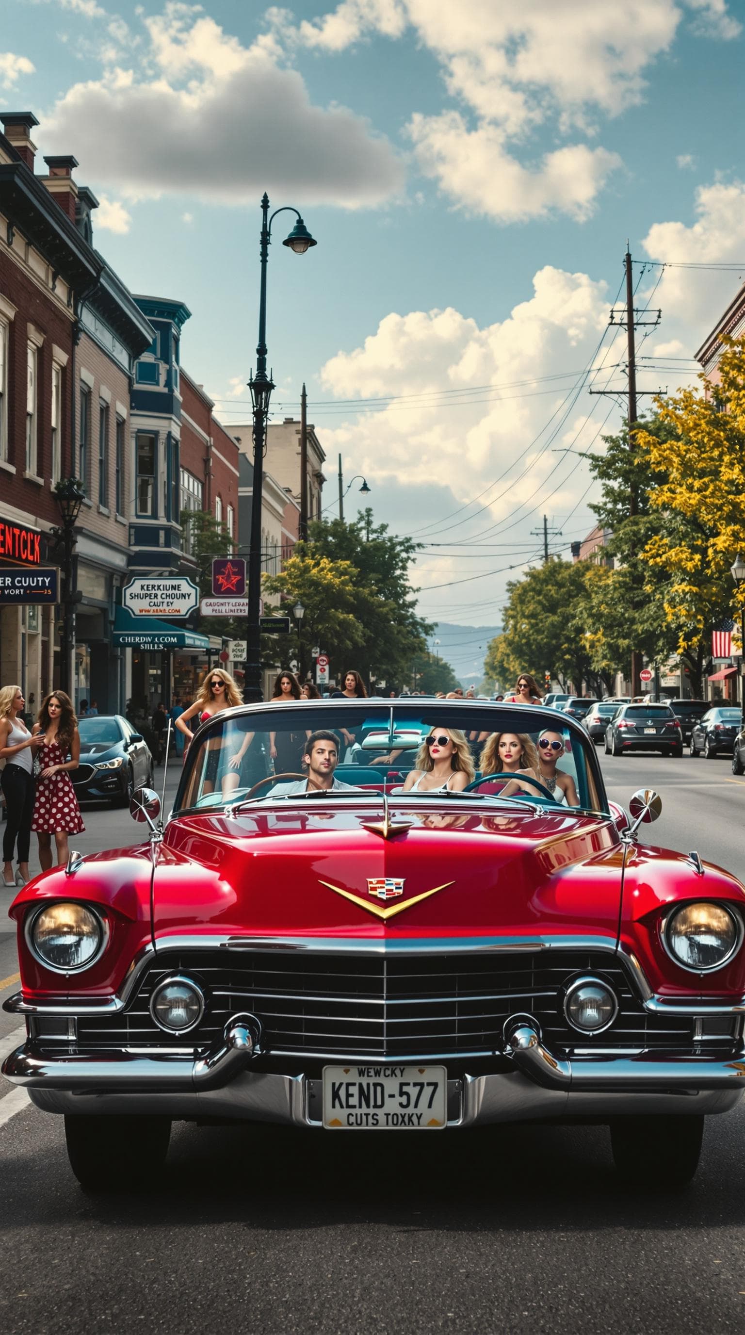 AI generated: A vintage, candy-red Cadillac, parked on a lively Kentucky avenue, with several gorgeous women, in a...