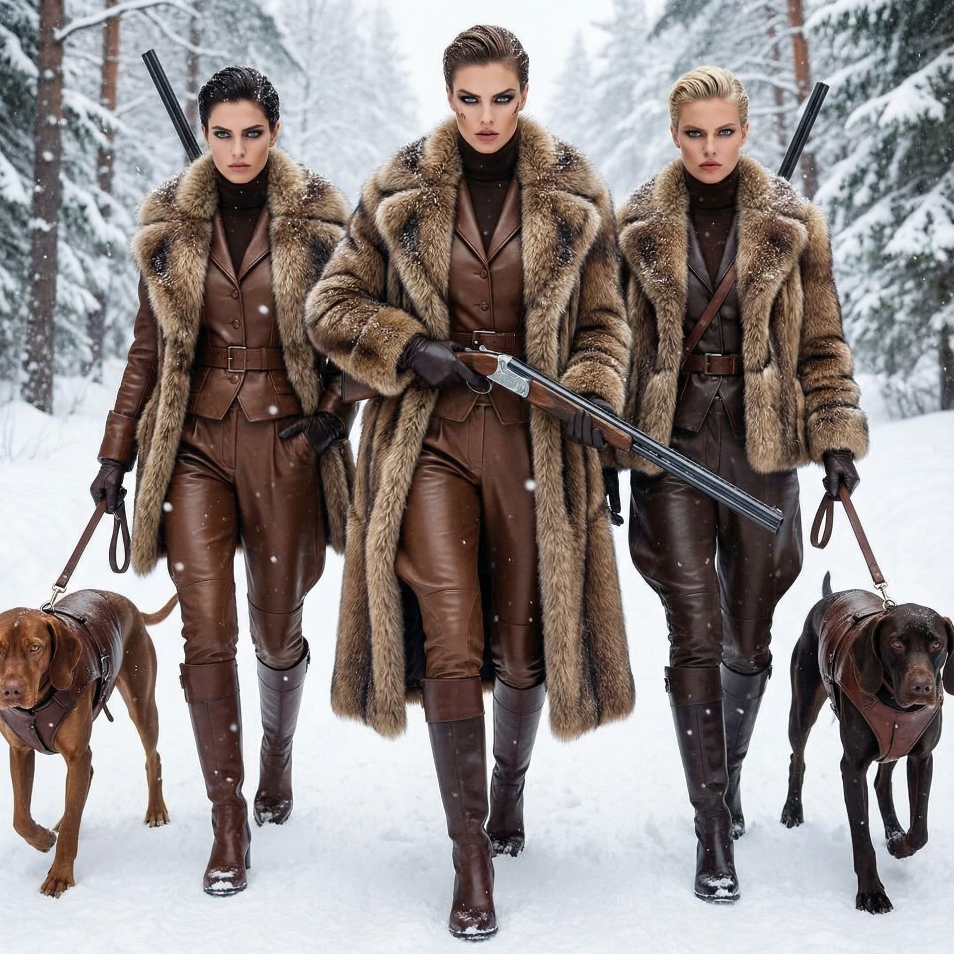 AI generated: Stylish modische 3 Dominante  Jägerinnen ganz in Leder, Lederbrechess, auf der Jagd gerinnen ganz in...