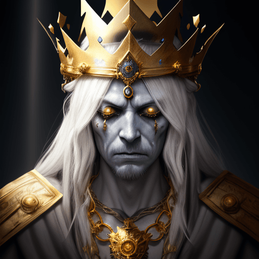 AI generated: Undead king with golden crown and necklaces, golden sunrays headdress, dead white eyes, dead dry ski...