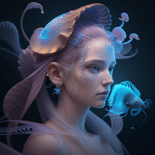 AI generated: Goddess close-up portrait ribcagel. jellyfish phoenix head, nautilus, orchid, skull, betta fish, bio...