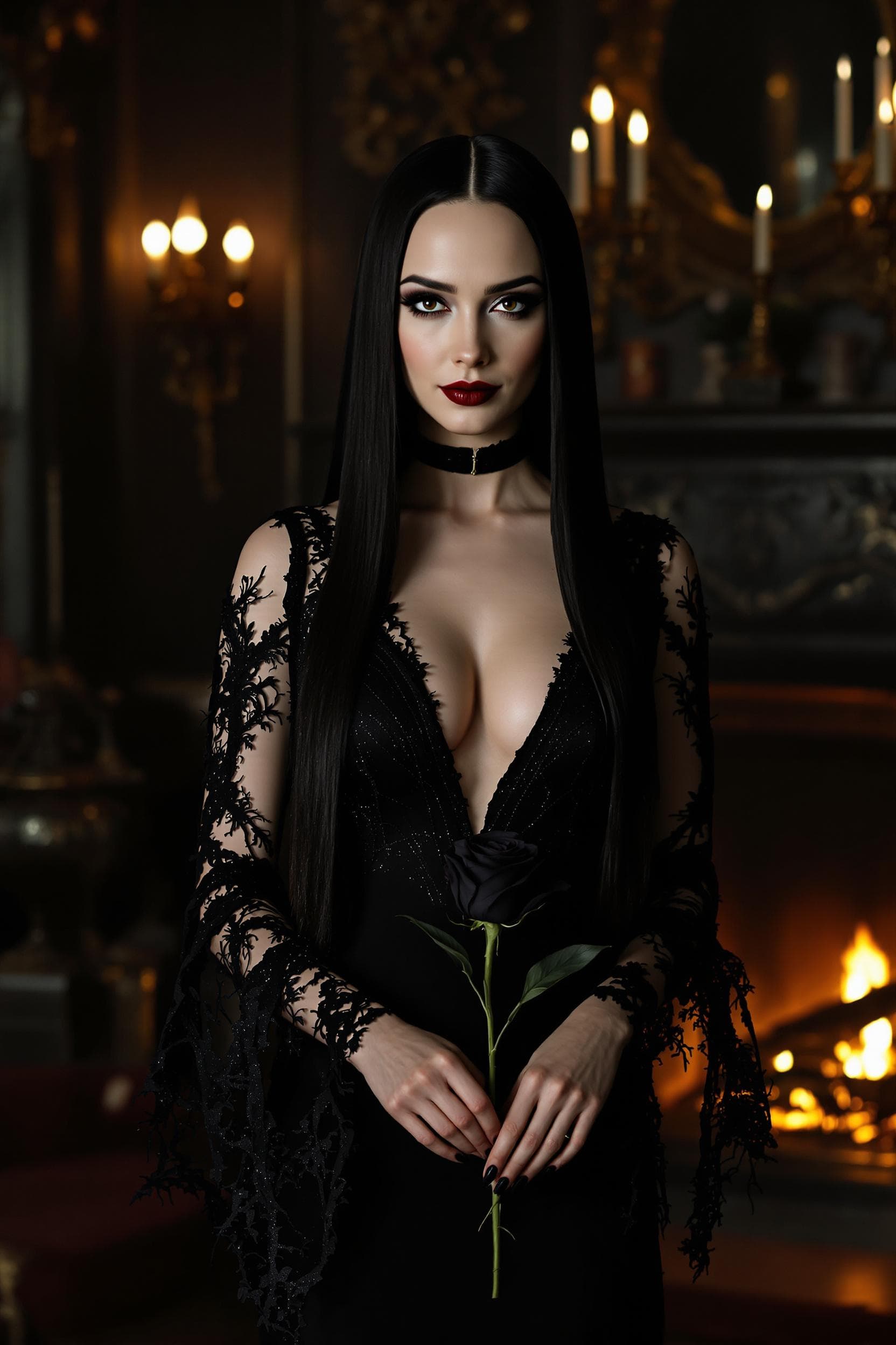 AI generated: Alicia Vikander is transformed into Morticia Addams, exuding an air of dark elegance and enigmatic c...