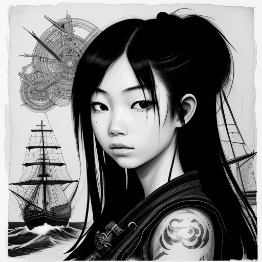 AI generated: portrait of an asian girl, 18 y.o., in the style of piratepunk, monumental ink paintings, i can't be...