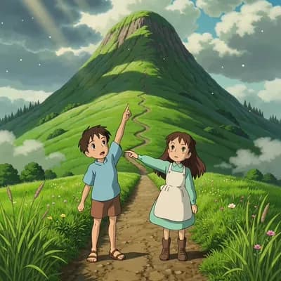 AI generated video: a highly detailed matte painting of a young boy and girl at the bottom of a huge hill by studio ghib...