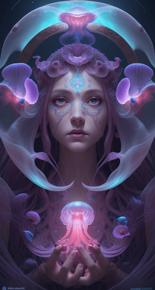 AI generated: Goddess close-up portrait ribcagel. jellyfish phoenix head, nautilus, orchid, skull, betta fish, bio...