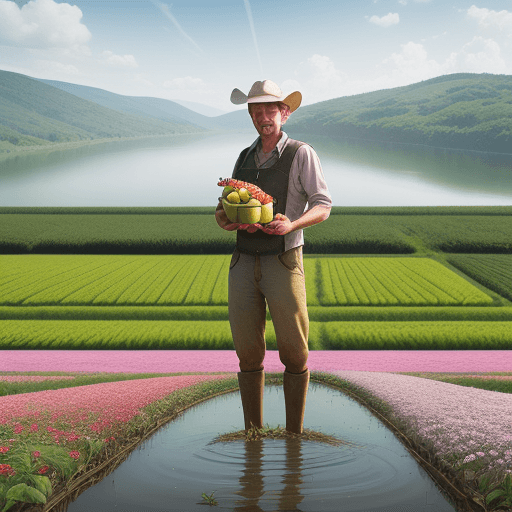 AI generated: best smart farm image, farmer and his beautifule wift, many fruits, and lake, and flowers