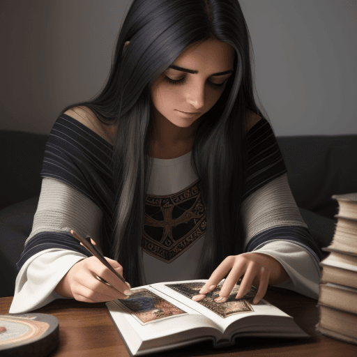 AI generated: una foto realista, de una chica de 20 años, cabello negro, usando ropa mistica, leyendo las cartas d...