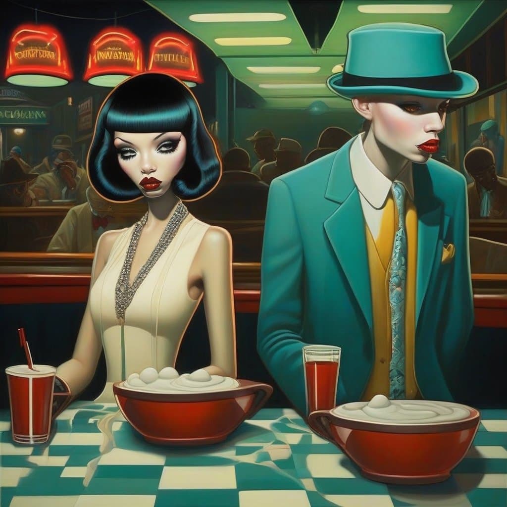 AI generated: ("Nighthawks" by E.Hopper), Hip-Hop scenery, in the style of Tara McPherson and Natalie Shau, pop su...