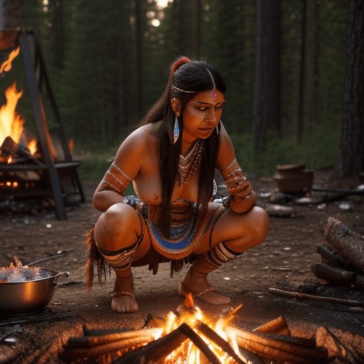 AI generated:  "American Indian woman, intricately detailed, in full Indian ritual attire, perfect, squatting besi...