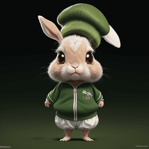 AI generated: Pixar Style, Tiny cute and adorable bunny dressed in Sports clothes Wearing a lovely green hat, - ba...