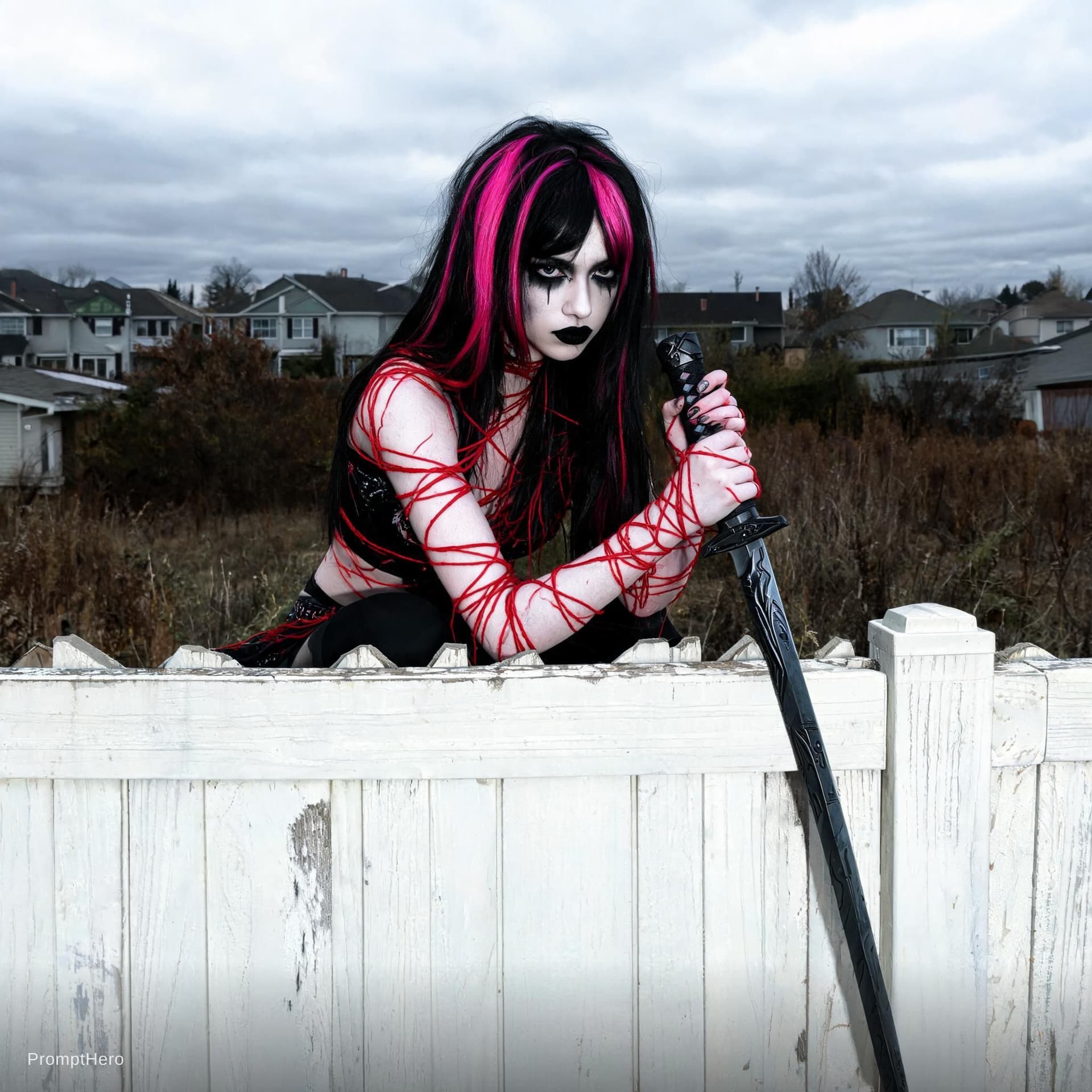 AI generated: a girl kneels down behind a wall holding a sword, in the style of cybergoth, red threads, midwest go...