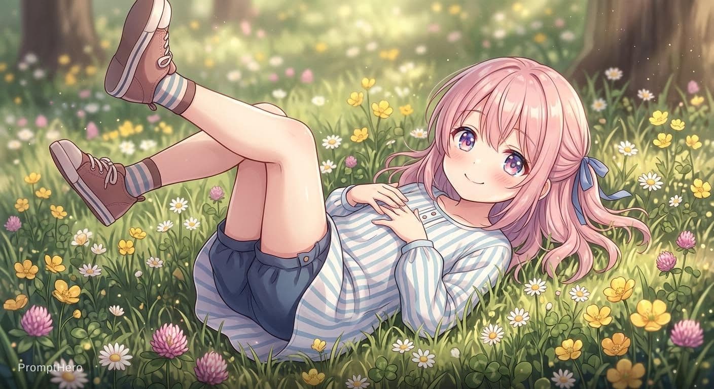 AI generated: adorable, Girl, lying on her back, legs raised up, Cute, kawaii, cute moe anime character portrait, ...