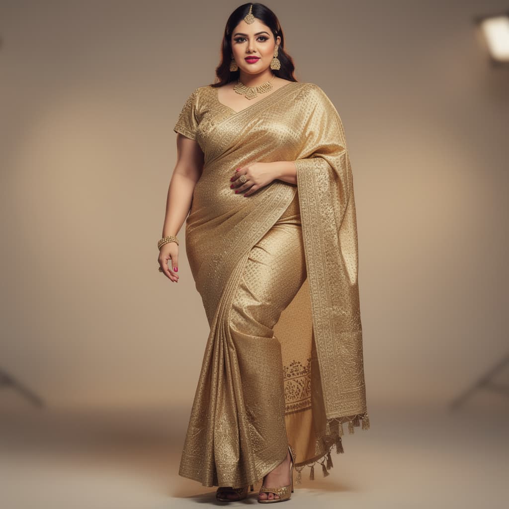 AI generated: Indian bbw, fair skin, curvy, voluptuous, massive breasts, massive cleavage, muscular thighs, muscul...