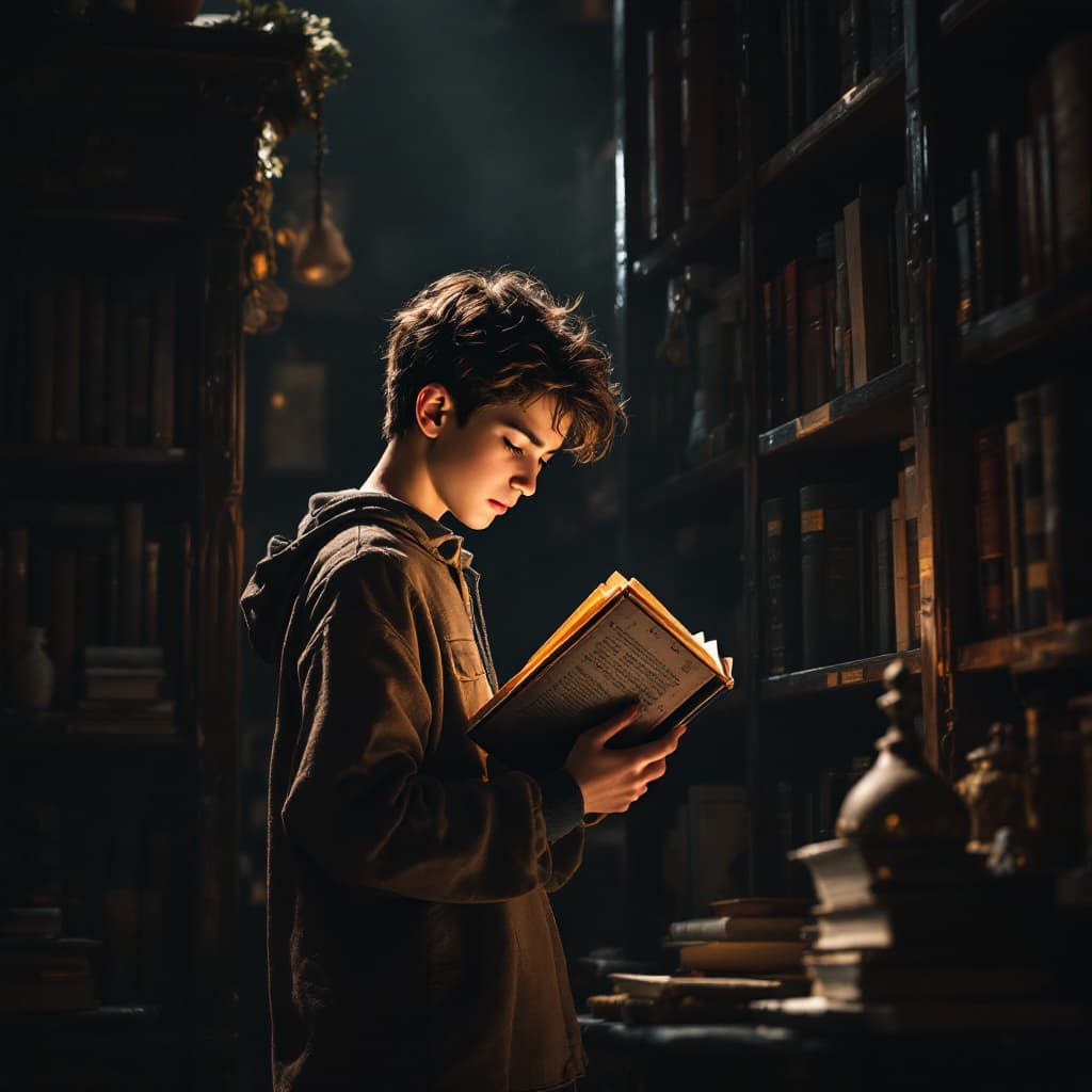 AI generated: Photo of a student (boy) reading a book, standing next to a bookshelf,  dramatic light, cinematic li...