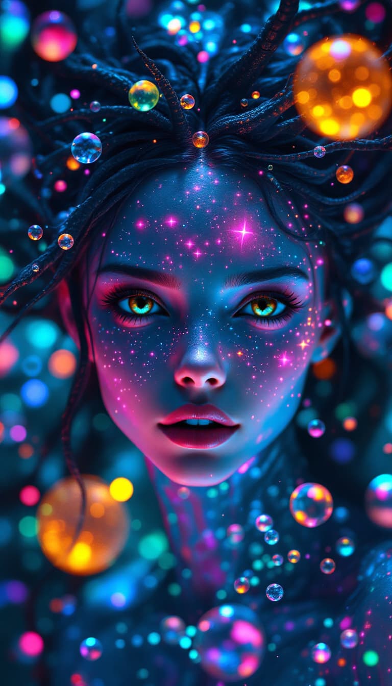 AI generated: Surreal 4k painting of an alien princess with expressive brown eyes and cosmic features. Her skin ap...