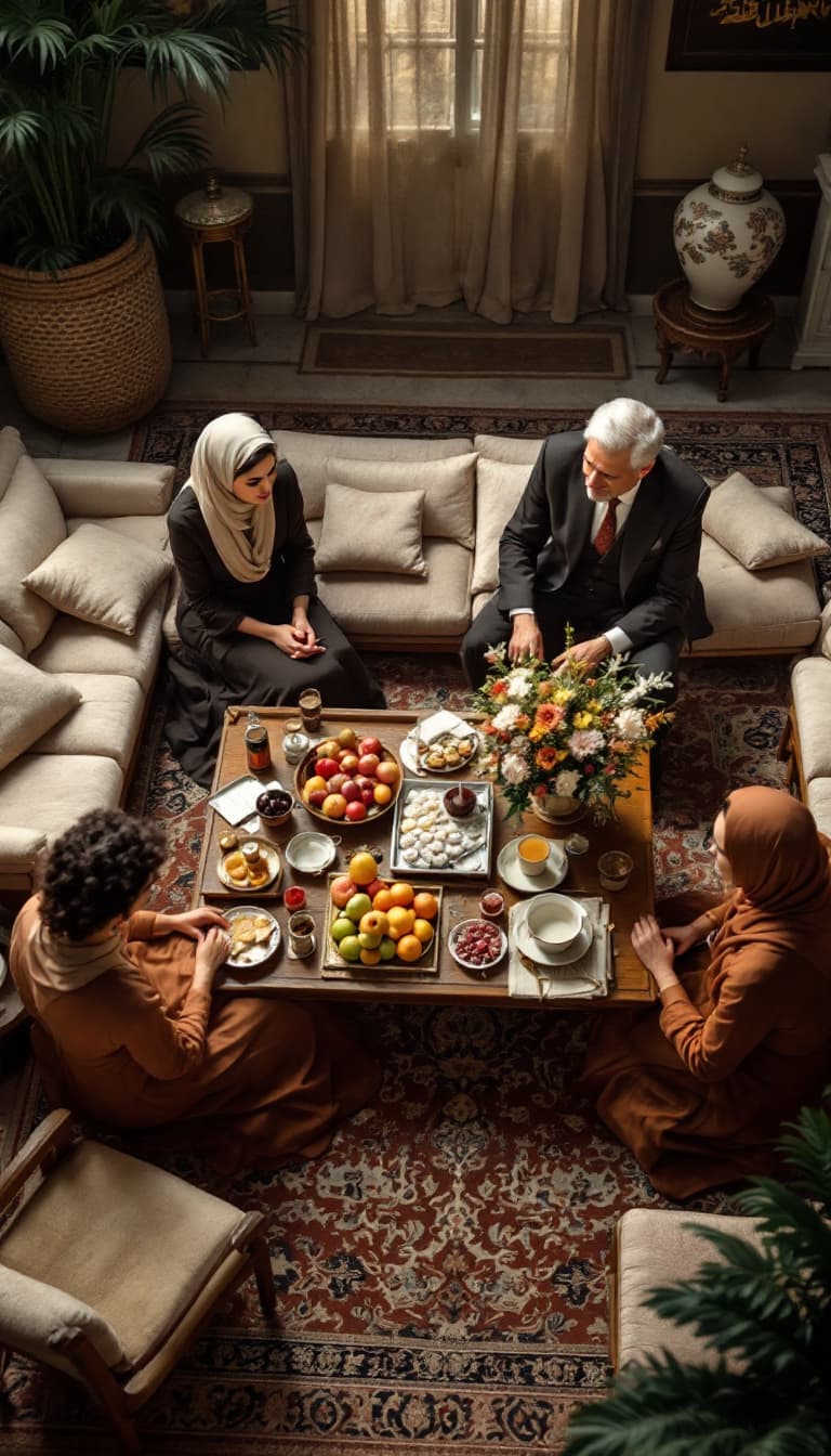 AI generated: high angle shot, traditional Iranian engagement gathering in a warm and nostalgic 1950s setting. The...
