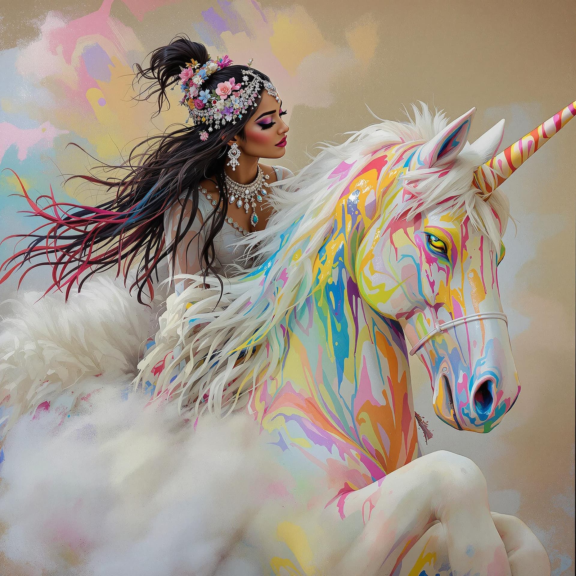 AI generated: Indian woman on her unicorn has painted it with colorful colors, in the style of petrina hicks, kim ...