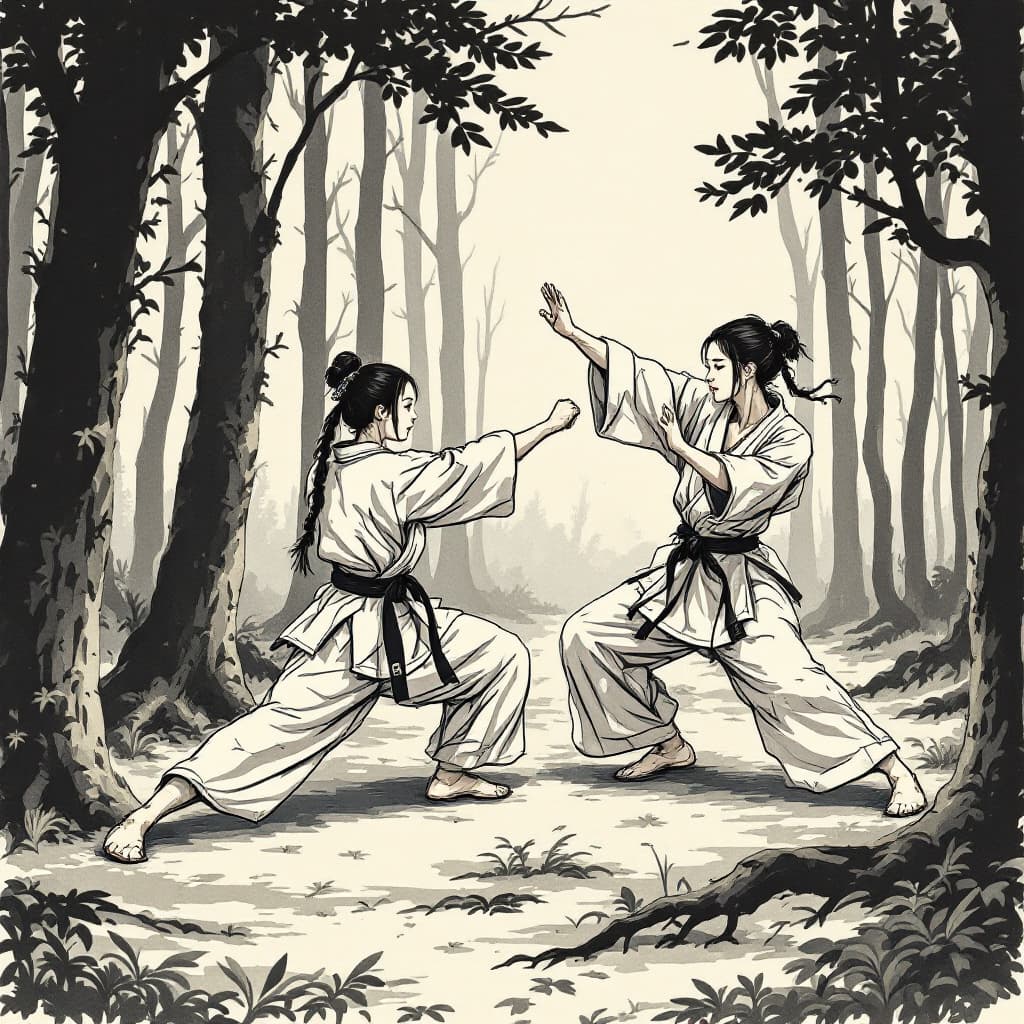 AI generated: two Japanese women karate fighting in a forest, in the style of traditional Japanese ink painting, t...