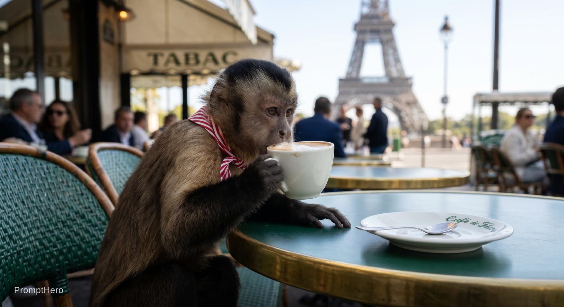 AI generated: A monkey sipping a cappuccino in Paris