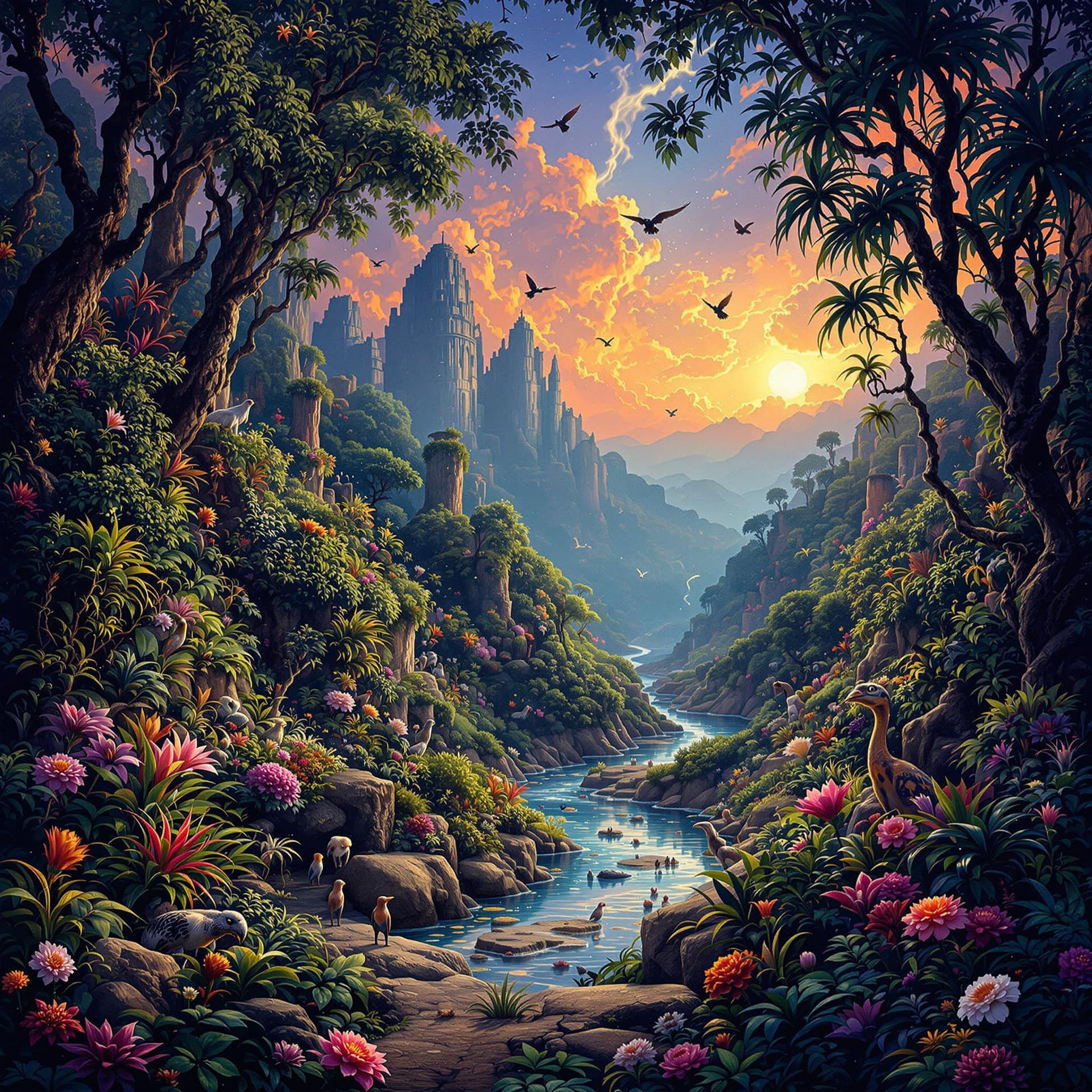 AI generated: A distant ancient land that has been hidden in the jungle for centuries with strange plants, and bir...