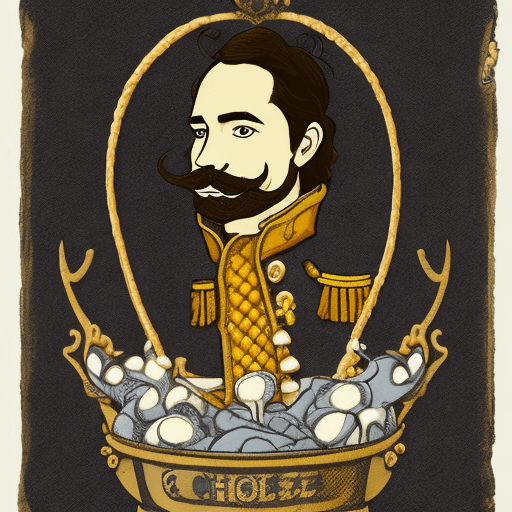 AI generated: A prince with a mustache sitting on a throne that every piece of clothing is made of cheese 