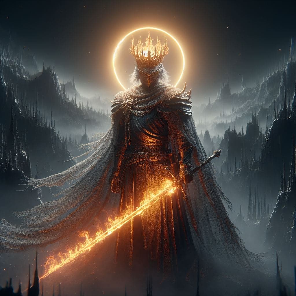 AI generated:  an awe-inspiring 3D rendering portraying Gwyn, Lord of Cinder, from Dark Souls 3. Immerse Gwyn in a...