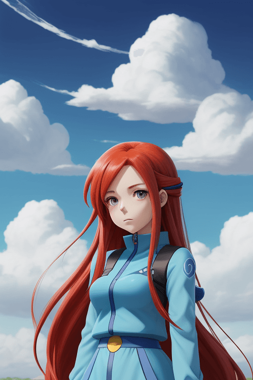 AI generated: animated, 2d art, skyla \(pokemon\), 1woman, red hair, clouds background, front facing, blue outfit ...