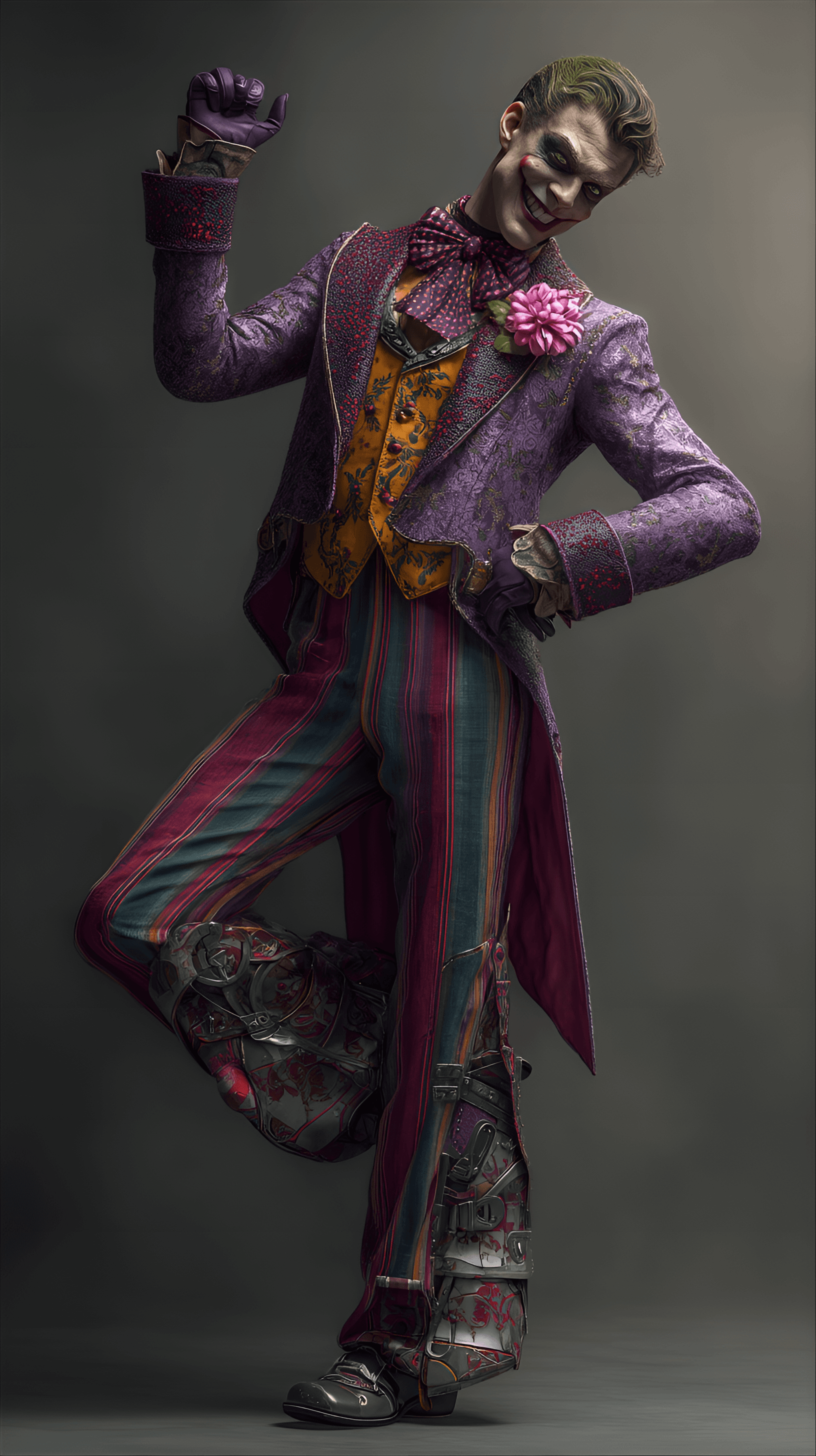 AI generated: Male character, young adult, Caucasian, The Joker,  pose of playful confidence,  standing with one a...