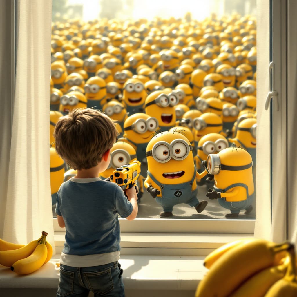 AI generated:  A boy and his dad looking from a window at daylight and sees many walking  Minions  . Their body ar...