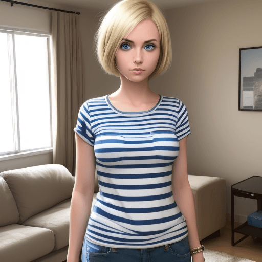 AI generated: A 25 year old girl, short hair, blonde, blue eyes. Wearing a striped shirt, without bra. Standing in...
