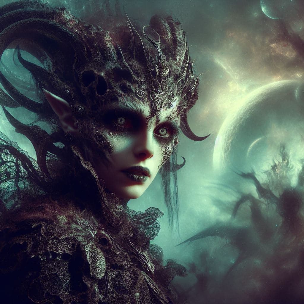 AI generated: a strange , mystical world by H. r. Giger and jean ansell. A gothic woman looks mysteriously into th...