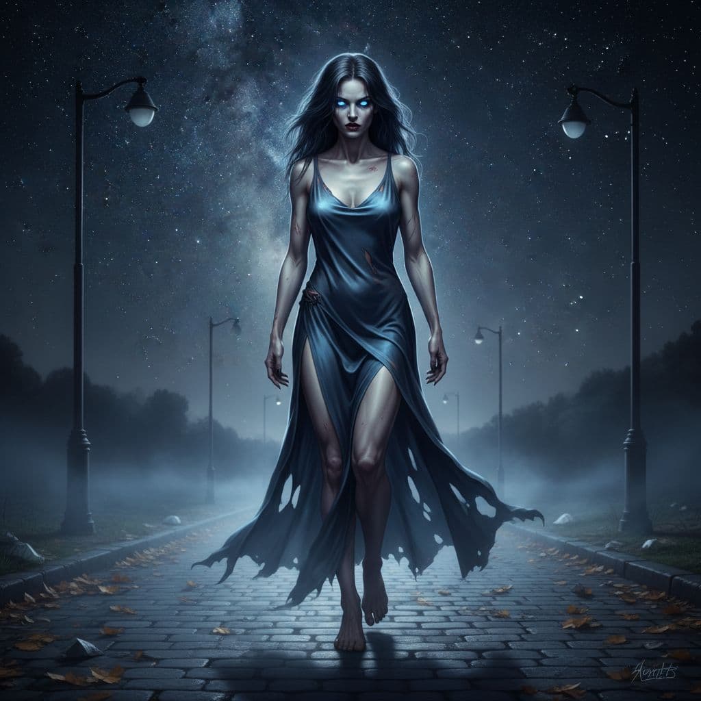 AI generated: ((Full-length portrait of a drop-dead gorgeous zombie woman)), 
(head to toe:1.5), 
(full body sho...