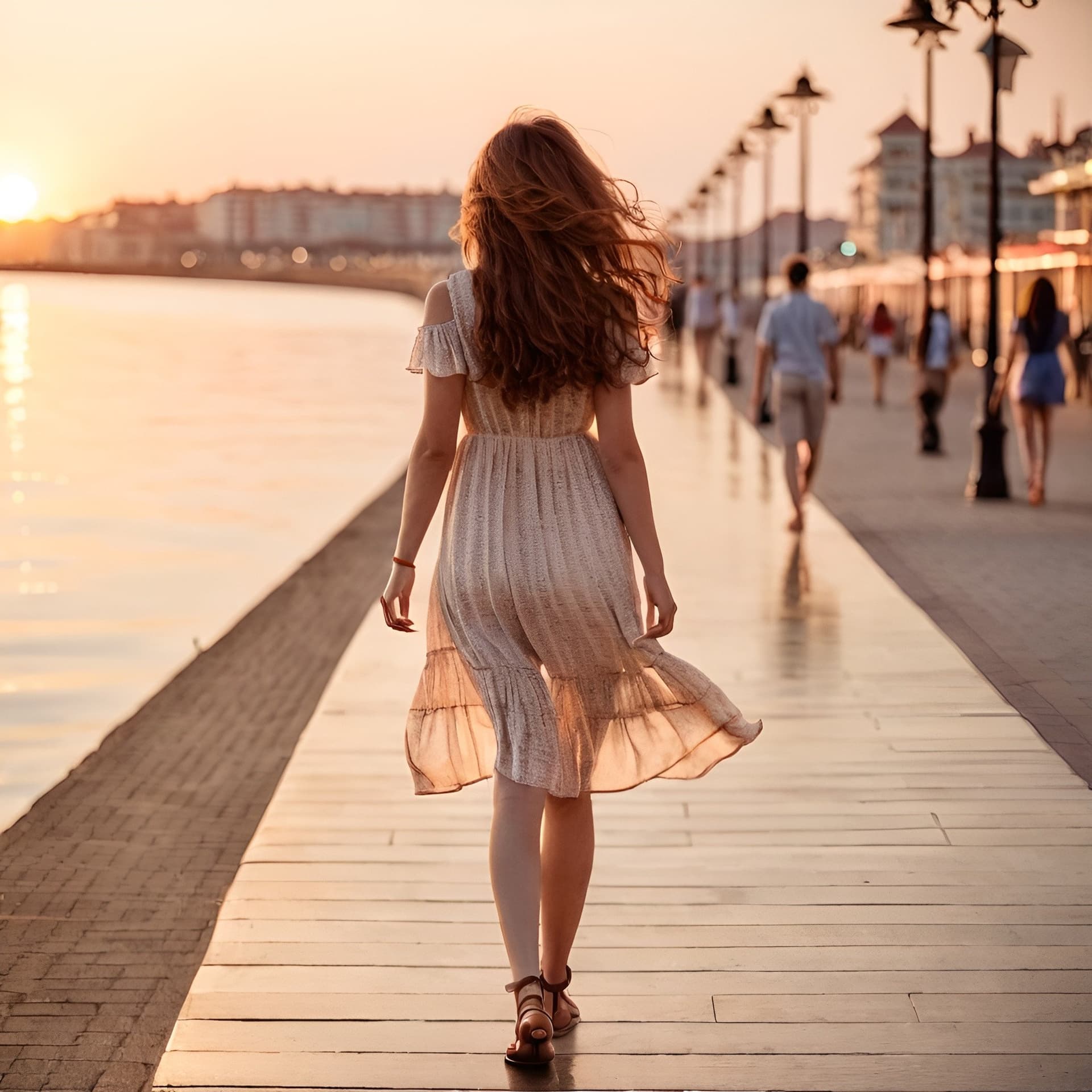 AI generated: image taken from behind as young beautiful attrative woman with brown wavyt hair walks along promena...