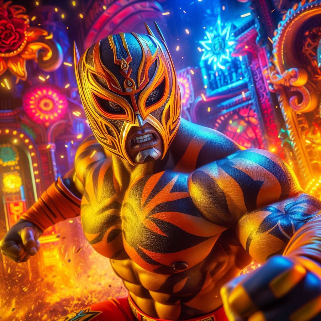 AI generated: Capture El Tigre Braum in a hyper-realistic photograph set amidst a vibrant and colorful Mexican-ins...