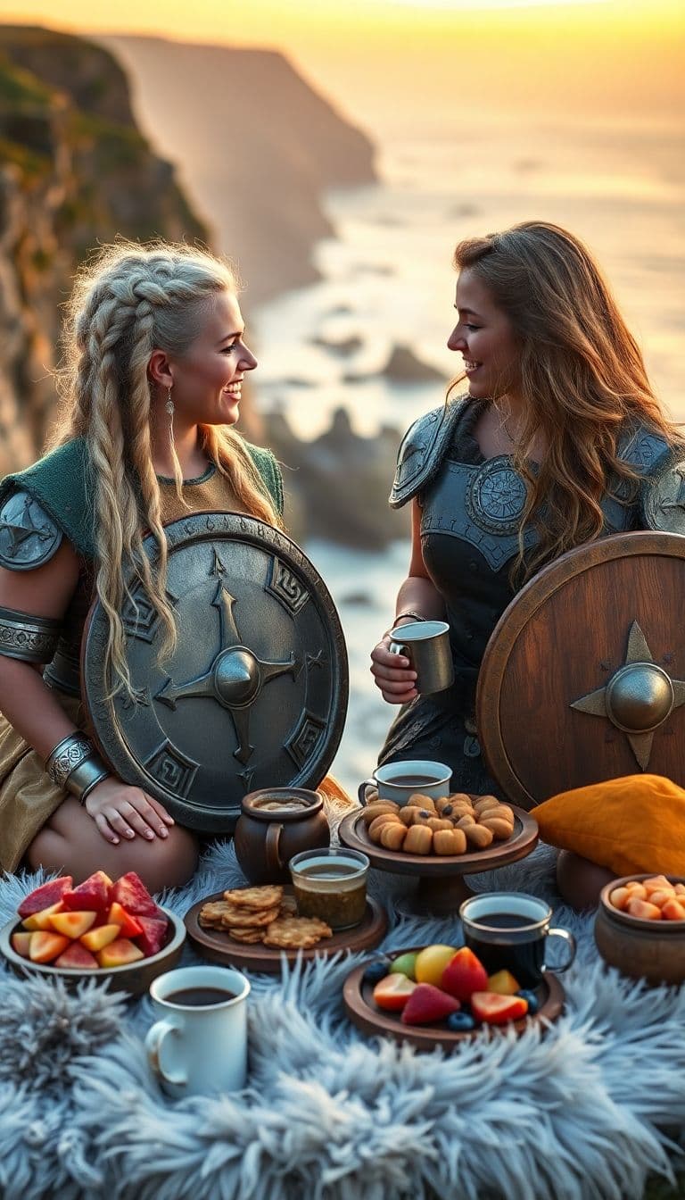 AI generated: Viking shield maidens at sunrise breakfast, one with silver-blonde braids one with golden waves, wea...