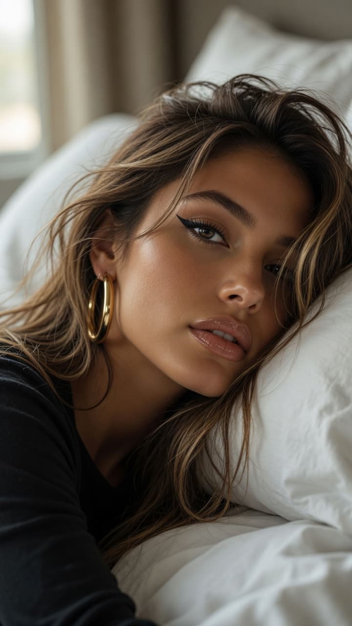 AI generated: Ultra-realistic close-up portrait of a beautiful woman with warm tan skin, long tousled brown hair w...